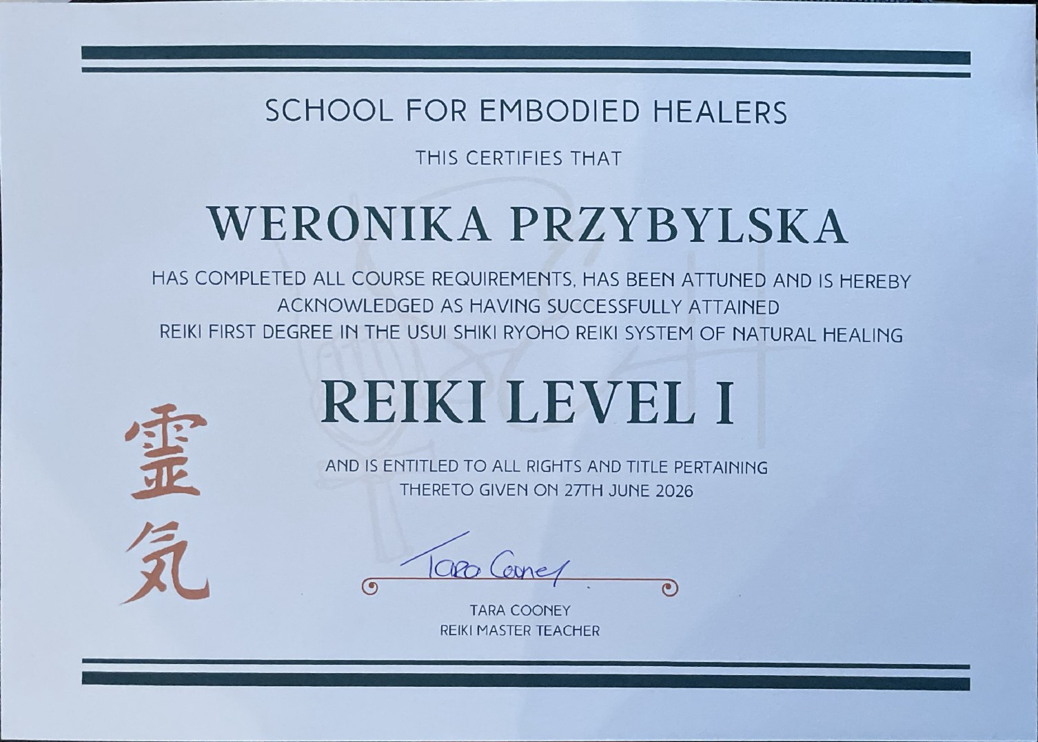 Reiki Level I certificate, 2026