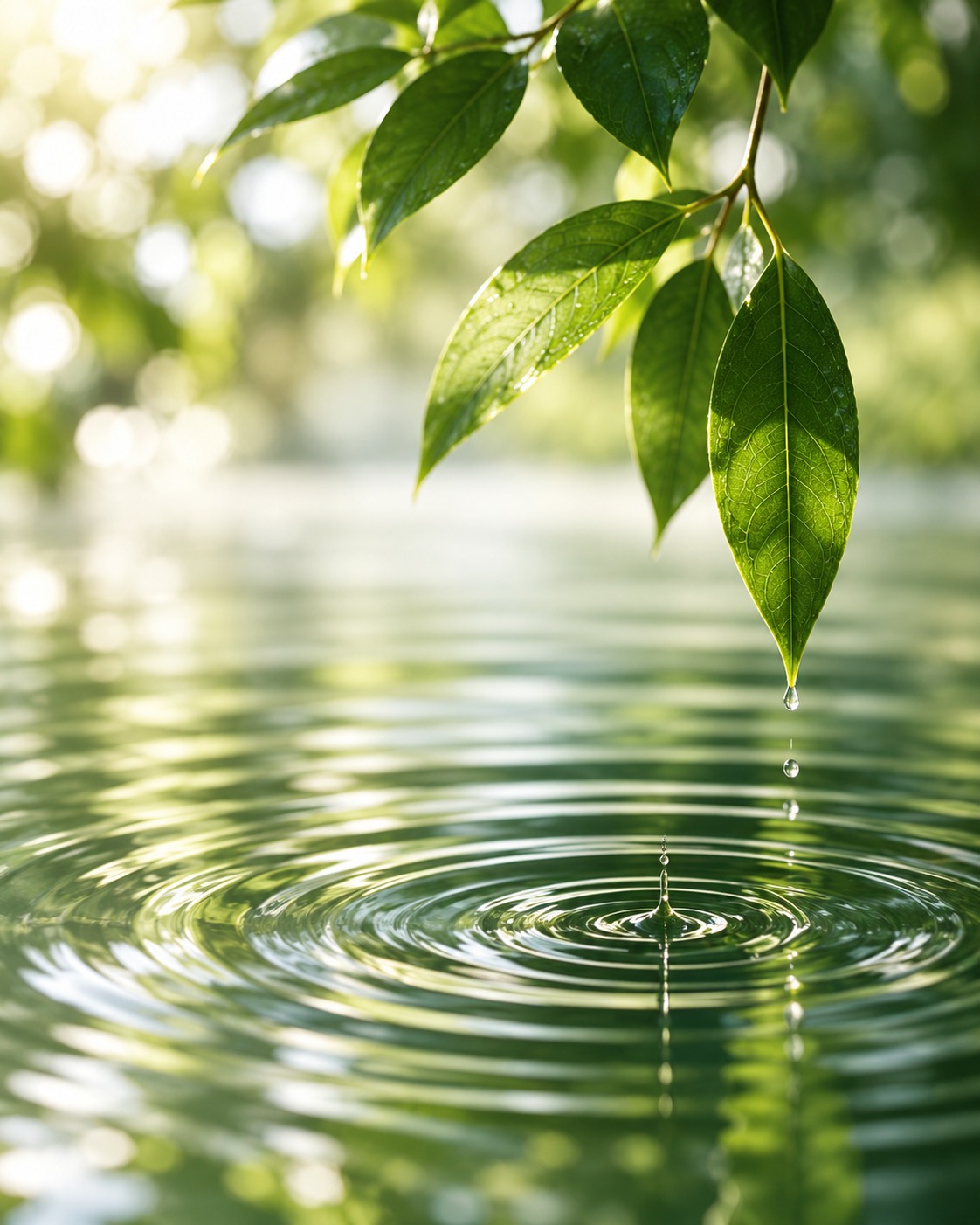 Water ripple beneath green leaves